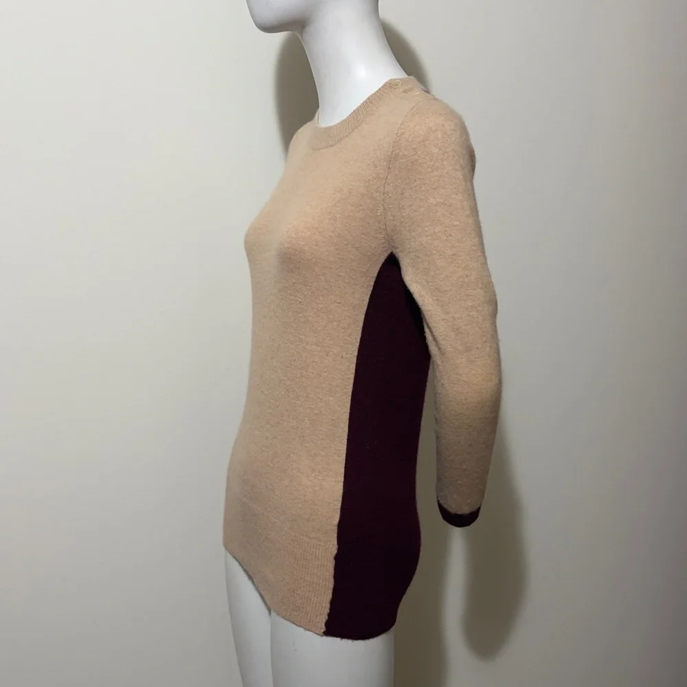 J. Crew Tan and Burgundy Elbow Patch Cashmere Wool Sweater Size S